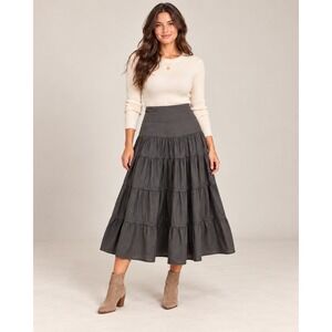 Jessica Sport Gray Tiered 100% Cotton Midi Skirt Size 12 Boho Flowy High Waisted